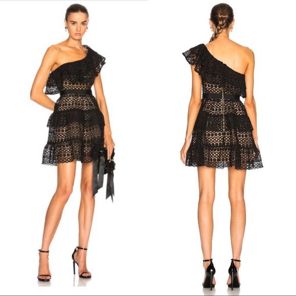 Self-Portrait Black and Tan Asymmetrical Ruffled Mini Dress - Picture 4 of 8